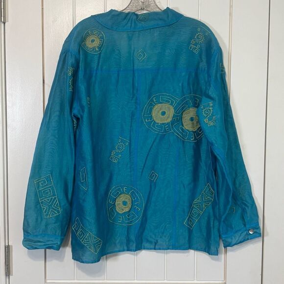 Chico's Teal Blue Button-Down Cotton Linen Blouse Geometric Applique Embroidery - Picture 5 of 6